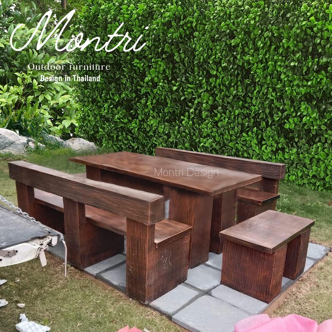 ชุดโต๊ะเก้าอี้พนักพิง ขนาด 180*80 cm. สีไม้ธรรมชาติ ชุดโต๊ะปูนลายไม้