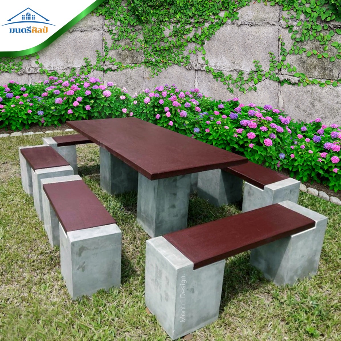 ชุดโต๊ะสนาม โต๊ะปูนสนาม โต๊ะโมเดิร์น โต๊ะปูนสนามโมเดิร์น ชุด 12 ที่นั่ง พาดยาว โต๊ะสนาม