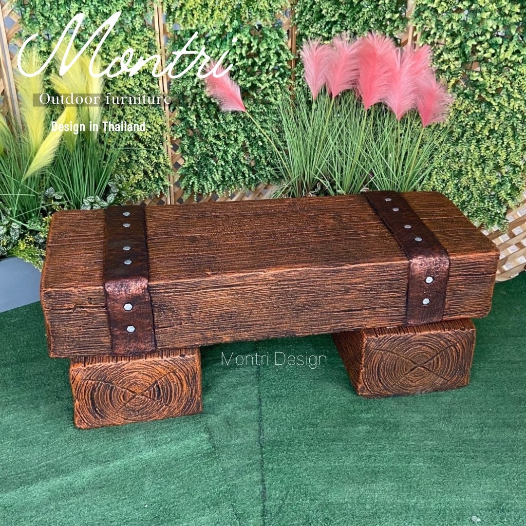 เก้าอี้ไม้หมอน ม้านั่งสนาม ม้านั่งปูนลายไม้ เก้าอี้ปูนลายไม้ รุ่น 40x40x120 cm. สีน้ำตาลคาดทองแดง