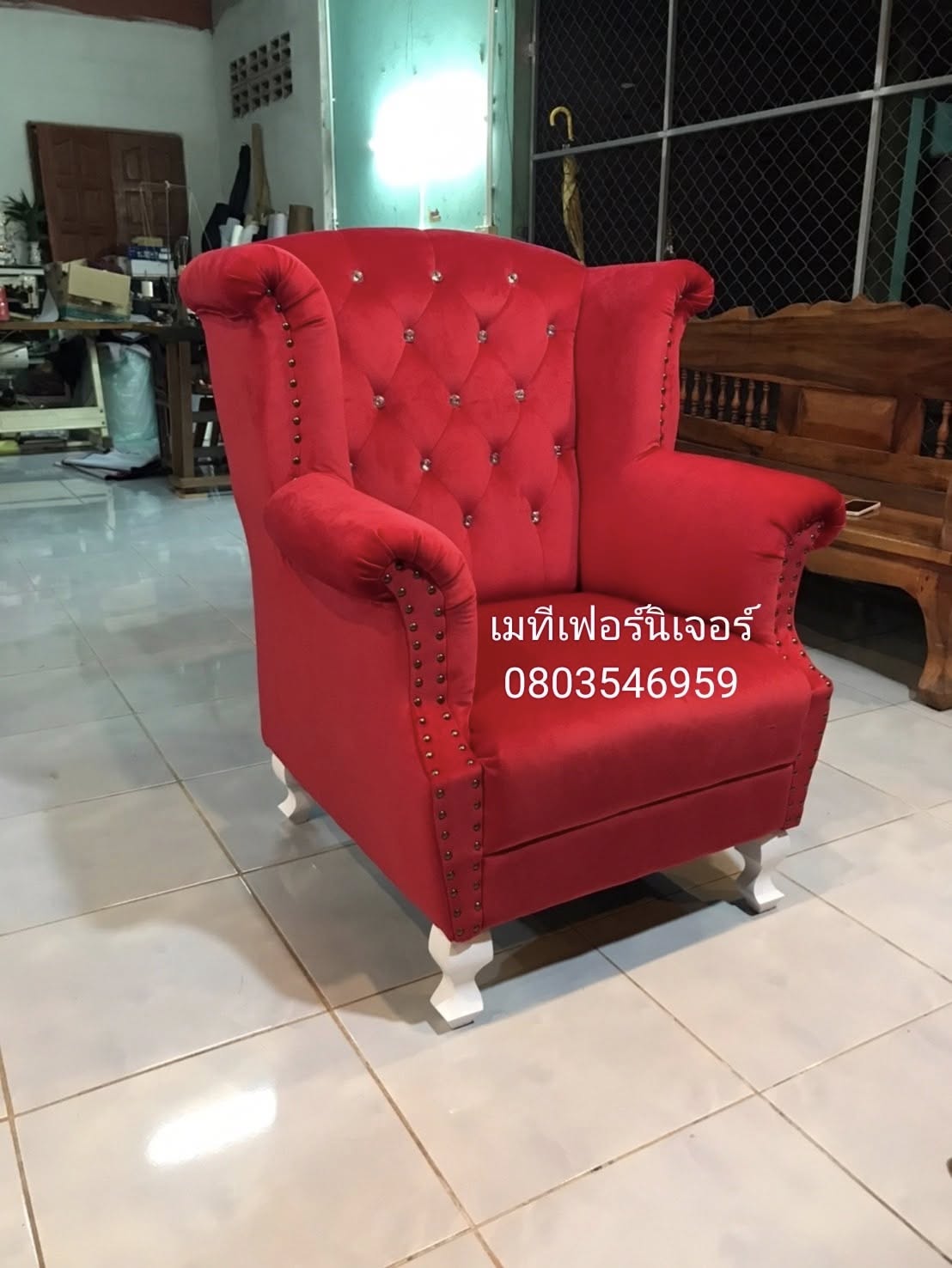 โซฟาเจ้าหญิงแบบ 1 ที่นั่ง ไซส์ มินิ ผ้ากำมะหยี่สีเเดง ❤️สไตล์วินเทจ