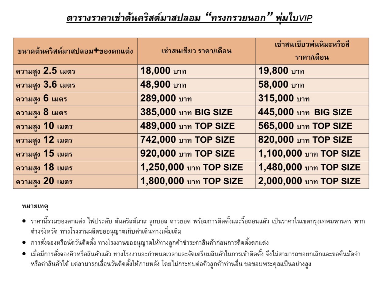 ราคาการให้เช่าต้นคริสต์มาสปลอมทรงสนใบvip