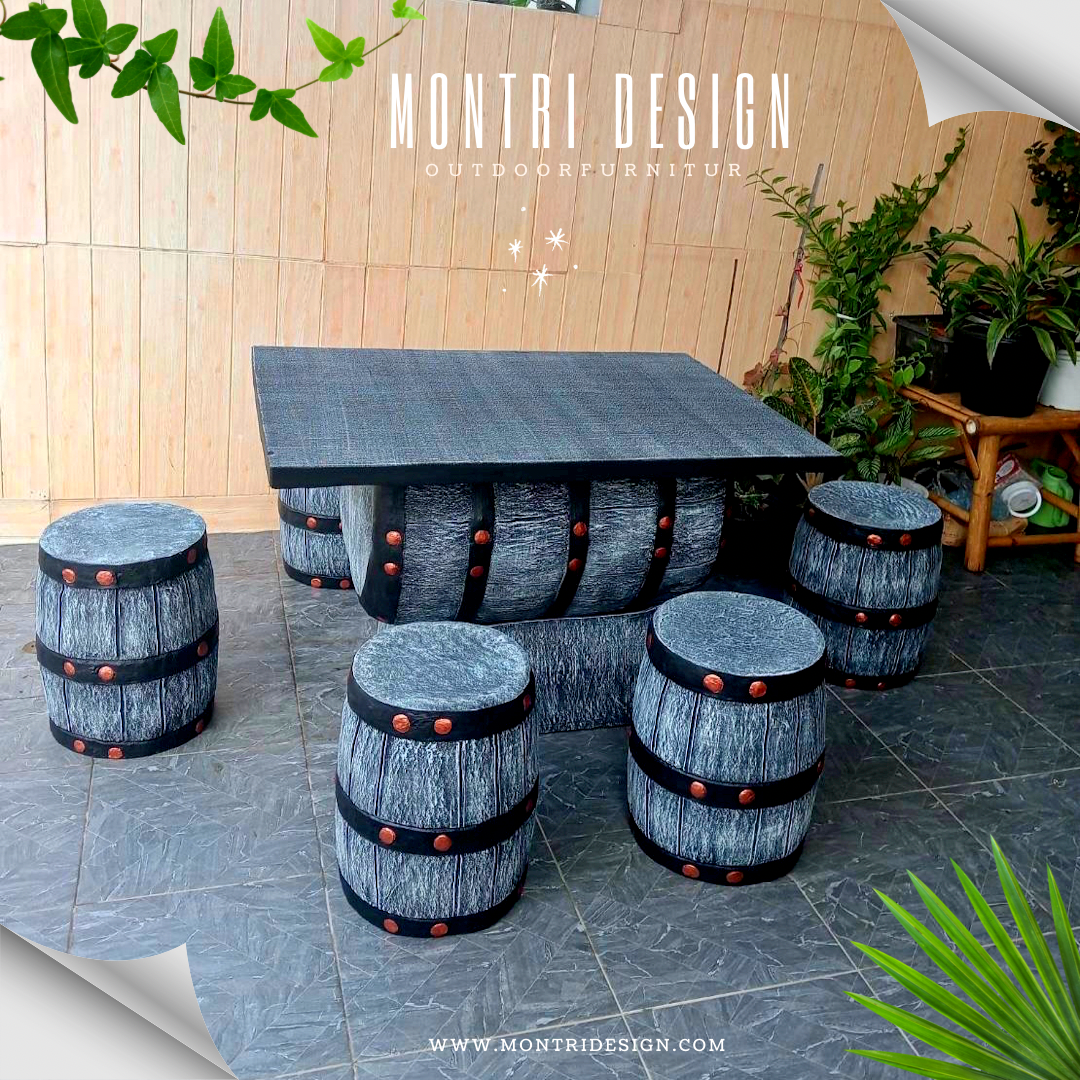 ชุดโต๊ะนามปูนลายไม้ ชุดโต๊ะถัง โต๊ะสนามปูนปั้น 6 ที่นั่ง สีวินเทจ