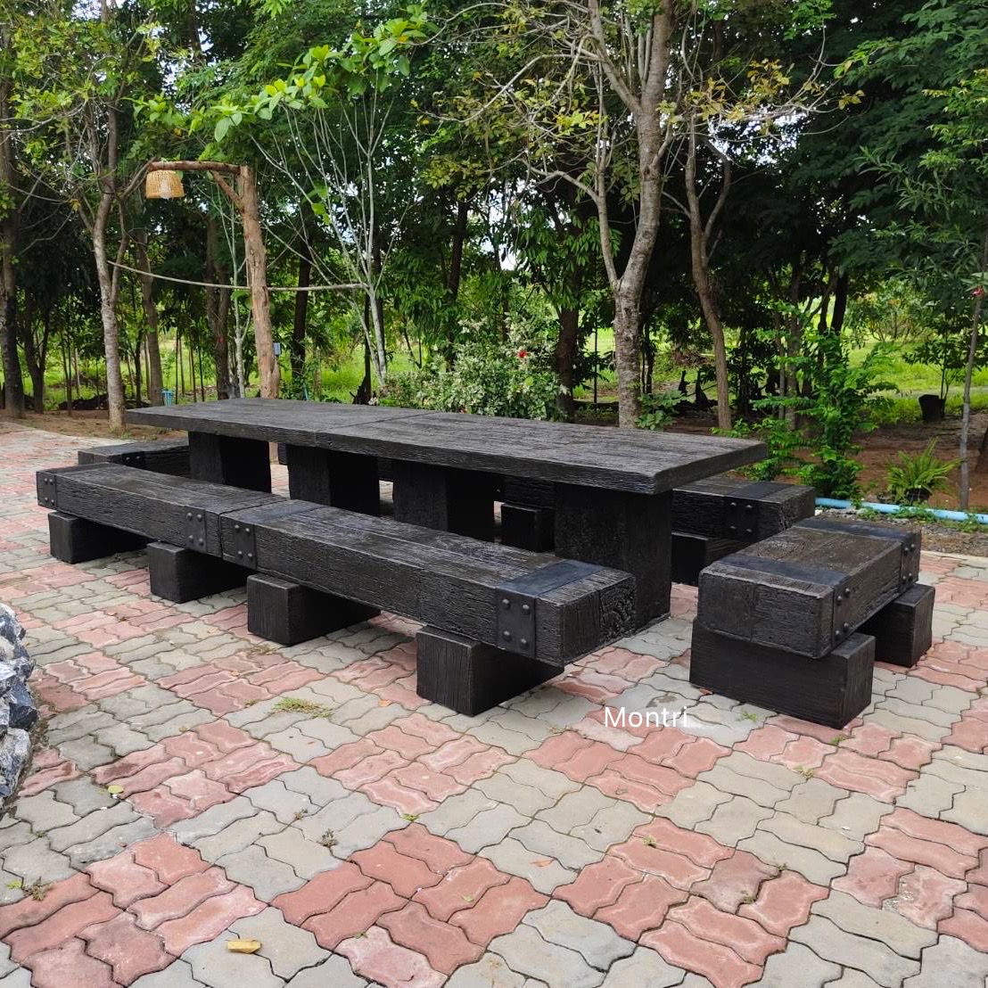 ชุดโต๊ะสนามไม้หมอน โต๊ะไม้หมอนกลางแจ้ง โต๊ะสนาม ยาว 3.6 เมตร