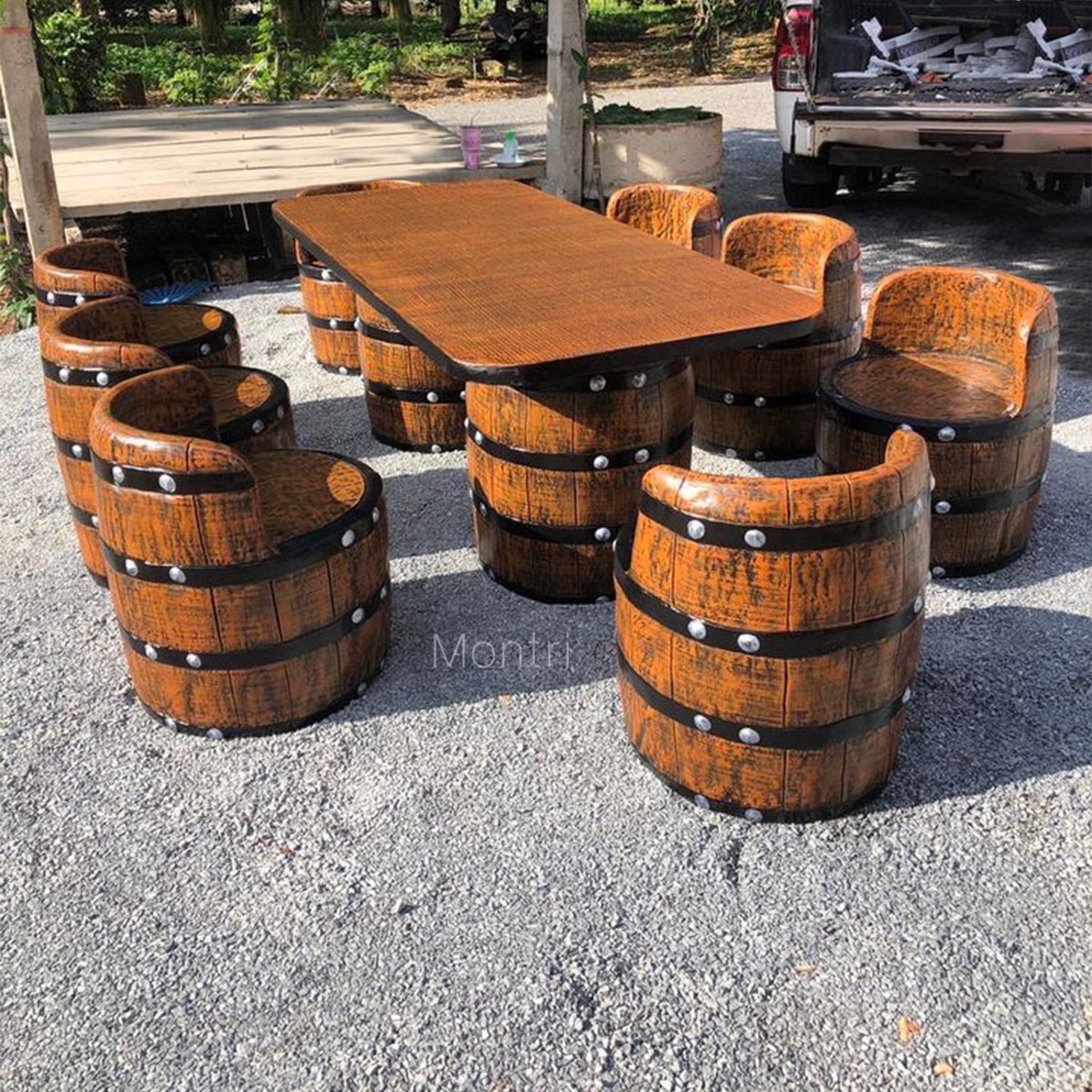 โต๊ะสนาม DIY ชุดโต๊ะถังเบียร์ ชุด 8 ที่นั่ง โต๊ะสนามกลางแจ้ง แบบมีพนักพิงนั่งสบาย งานออกแบบดีไซน์เรียบหรูใช้งานได้ทั้งกลางแจ้งและในร่ม