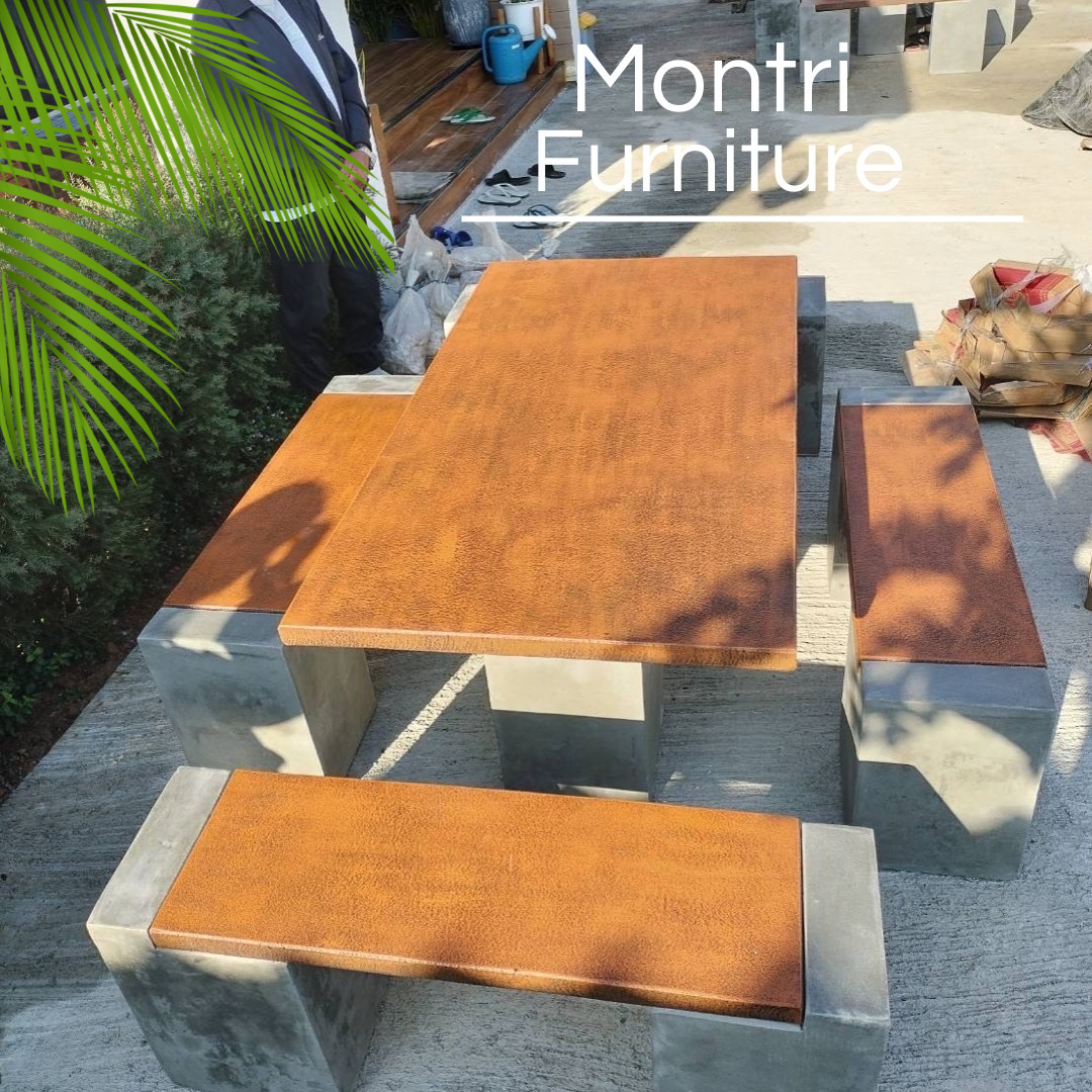 ชุดโต๊ะสนามปูนสไตล์โมเดิร์น โต๊ะปูนสนาม ชุด 8 ที่นั่ง พาดยาว สีแผ่นสีอิฐ-ขาสีปูนเปลือย