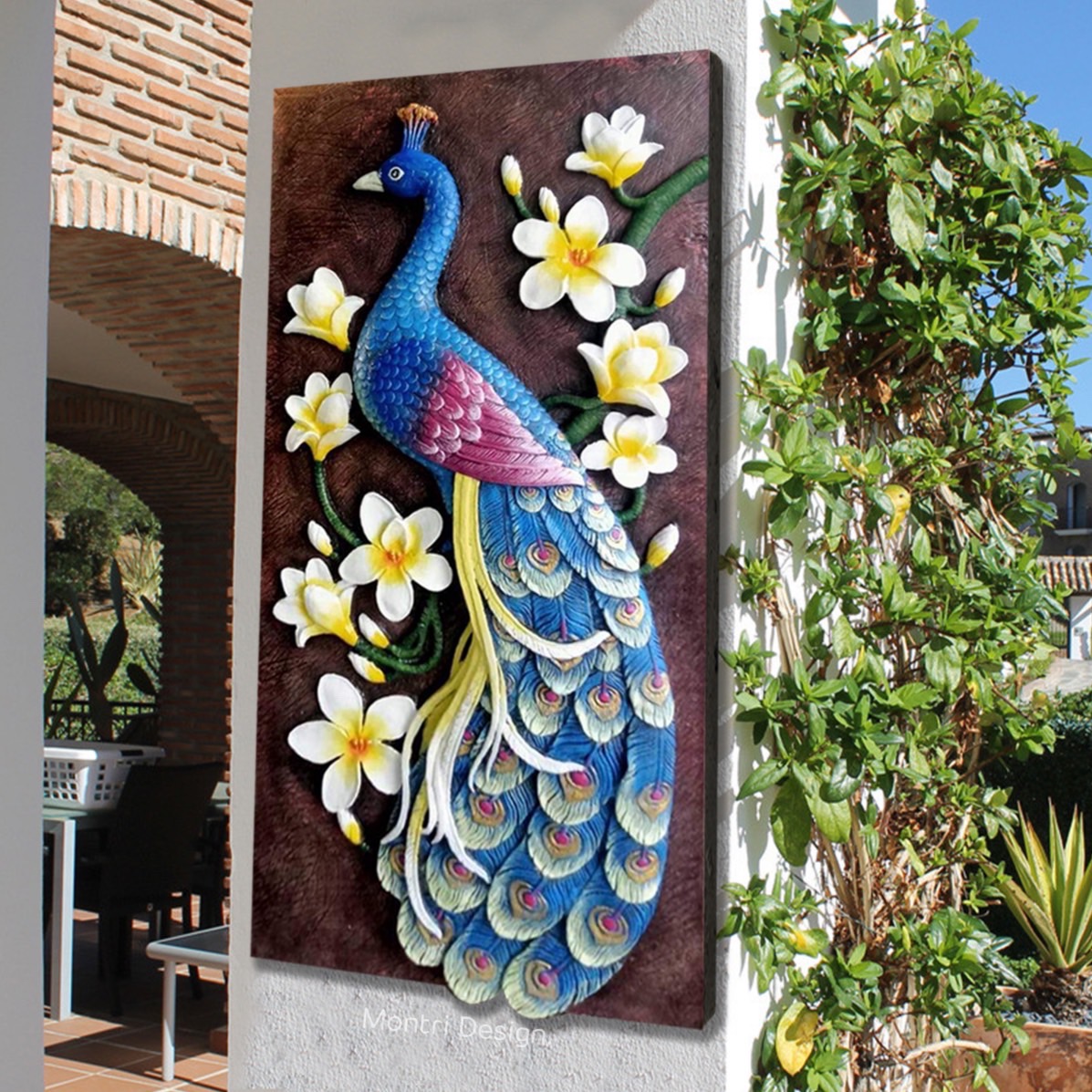 ภาพนกยูงมงคล ภาพนกยูงสวยๆ ภาพนกยูงประติมากรรมนูนสูง ภาพนกยูงปูนปั้นสด ขนาด 45*93 cm.