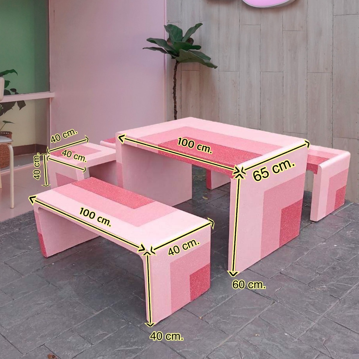 โต๊ะปูนสวยๆ โต๊ะสนาม ชุดโต๊ะสีชมพู โต๊ะสนามกลางแจ้ง ตัว U ขนาด 1 เมตร ส่งตรงจากโรงงาน จัดส่งพร้อมติดตั้งทั่วไทย