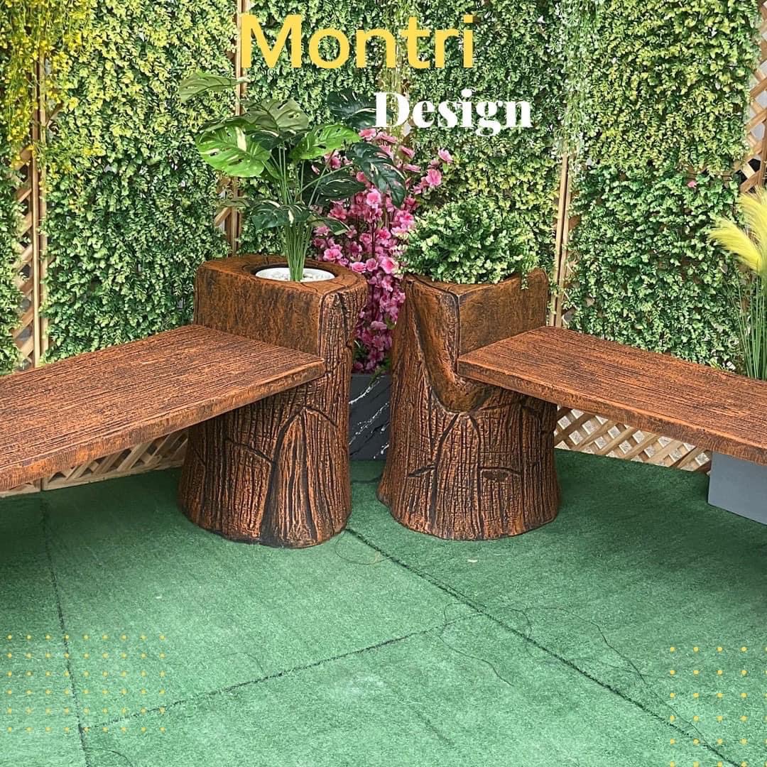 เก้าอี้สนามปูนลายไม้ 2in1 เก้าอี้กระถางต้นไม้ งาน DIY ทำจากปูนปั้นสด เสมือนไม้จริง ดูเป็นธรรมชาต ปัดสีด้วยมือสุดปราณีต