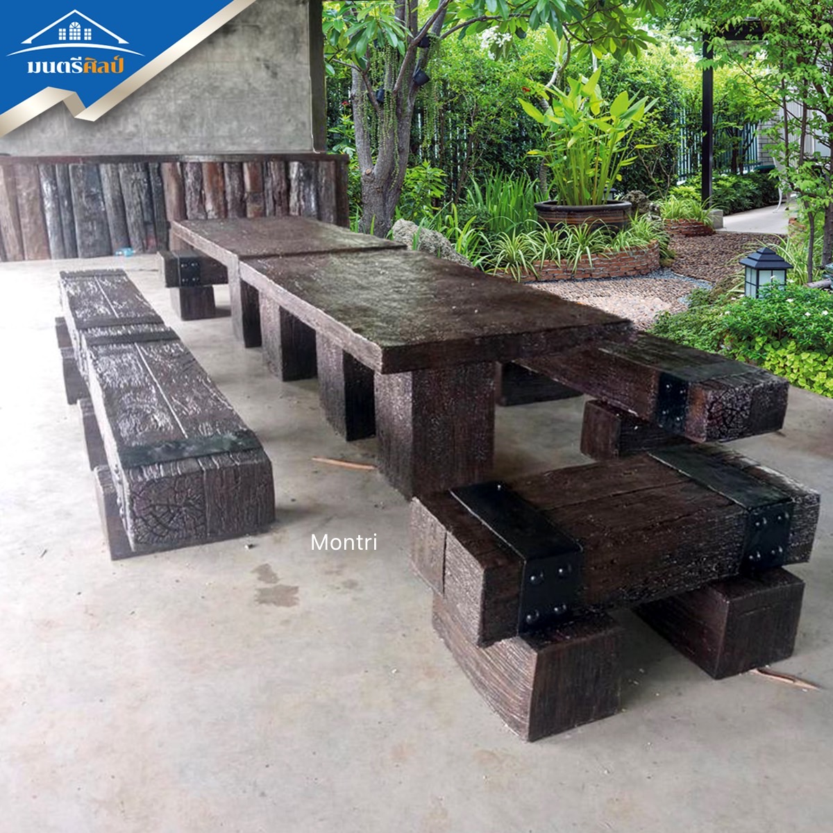 ชุดโต๊ะสนามไม้หมอน ชุดโต๊ะไม้หมอนรถไฟ ขนาดยาว 3.6 เมตร นั่งได้ 18-20 ท่าน งานดีไซน์โดยคนไทย มีบริการจัดส่งพร้อมติดตั้งทั่วไทย