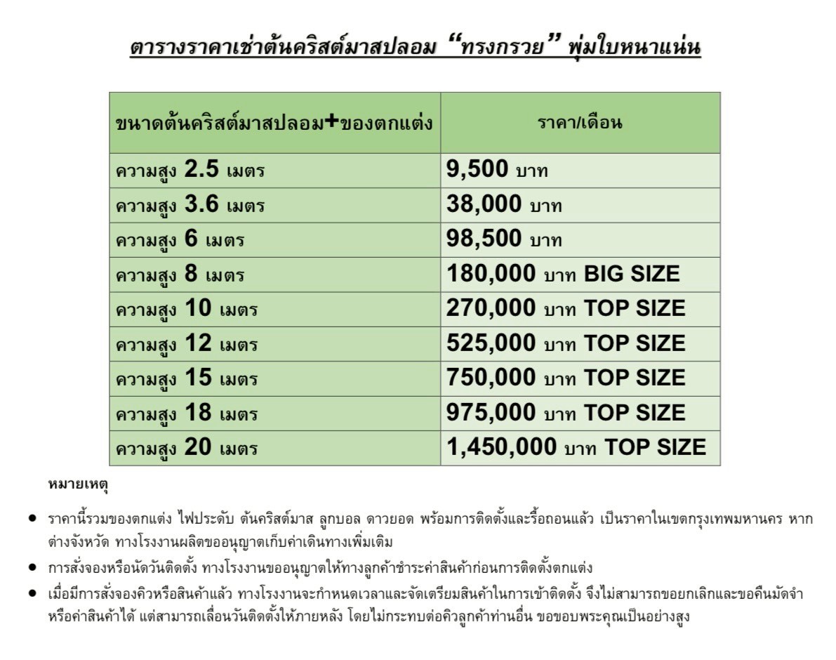 ตารางราคาต้นคริสต์มาสปลอมทรงกรวย ตารางราคาให้เช่าต้นคริสต์มาสปลอมทรงกรวยใบสนเขียวธรรมชาติ
