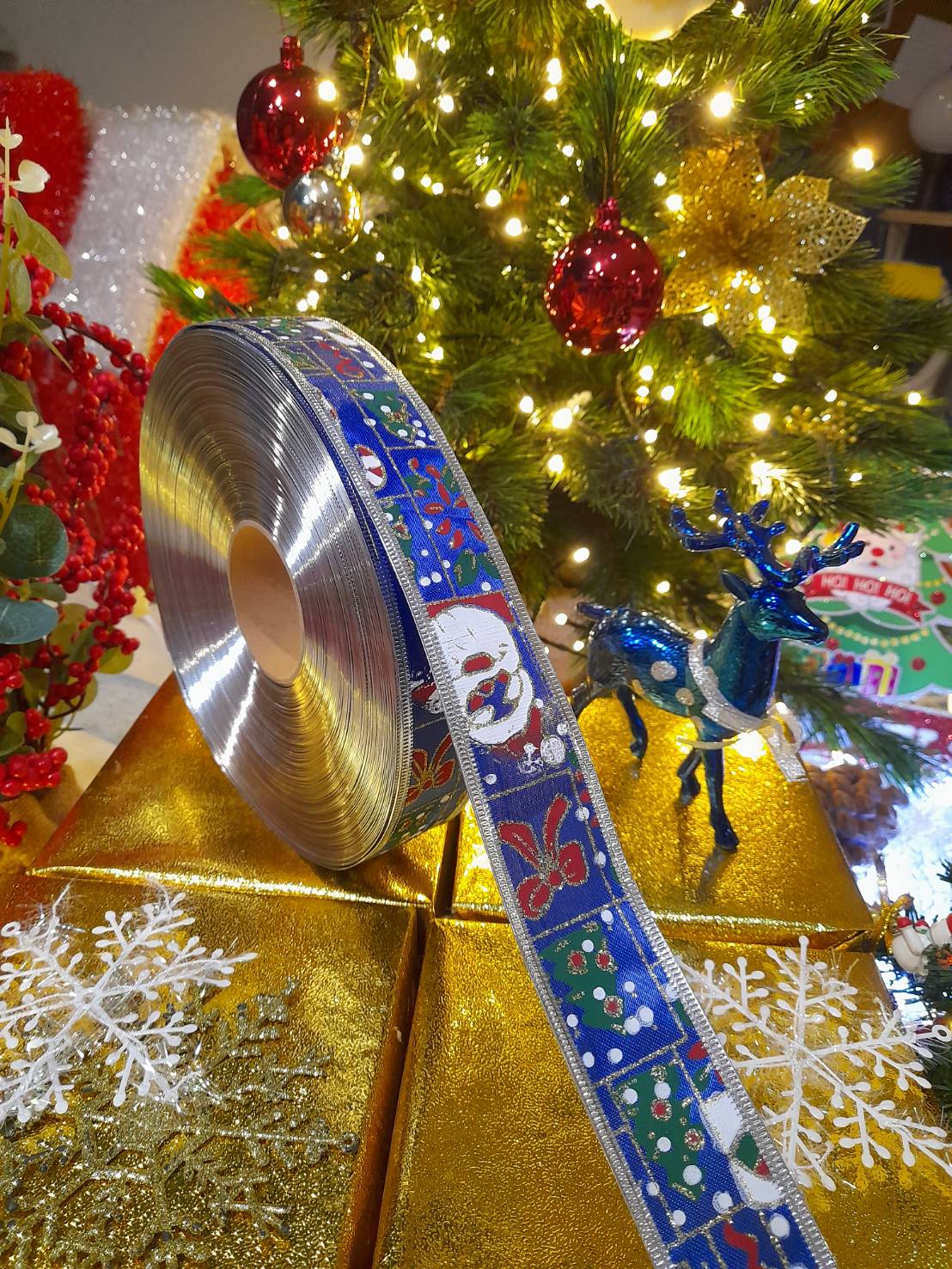 โบว์ริบบิ้นสีนํ้าเงินซานต้าครอสขนาด1นิ้วครึ่ง