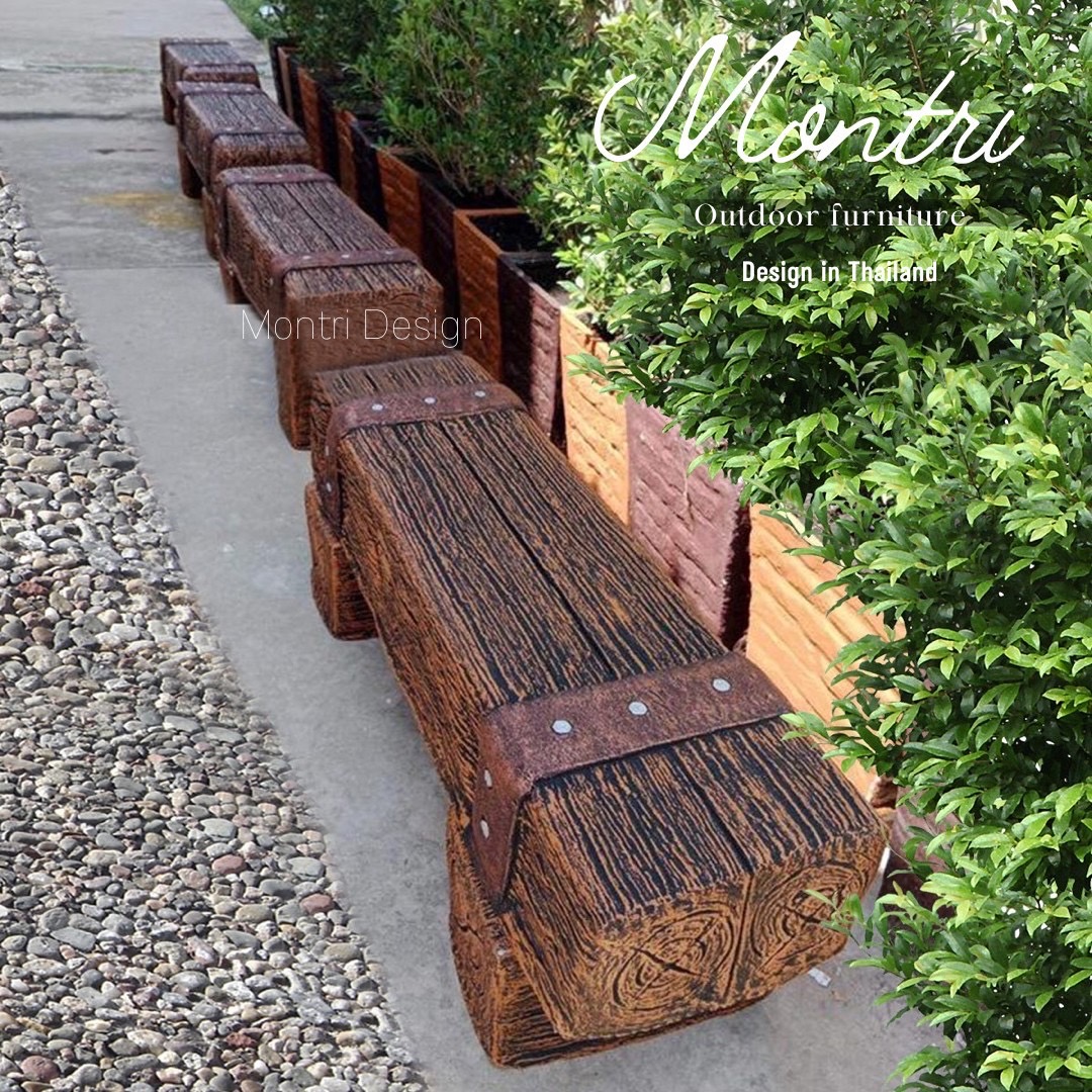 เก้าอี้ไม้หมอน เก้าอี้ปูนลายไม้ ขนาด 30*120*40 cm. สีน้ำตาลคาดทองแดง