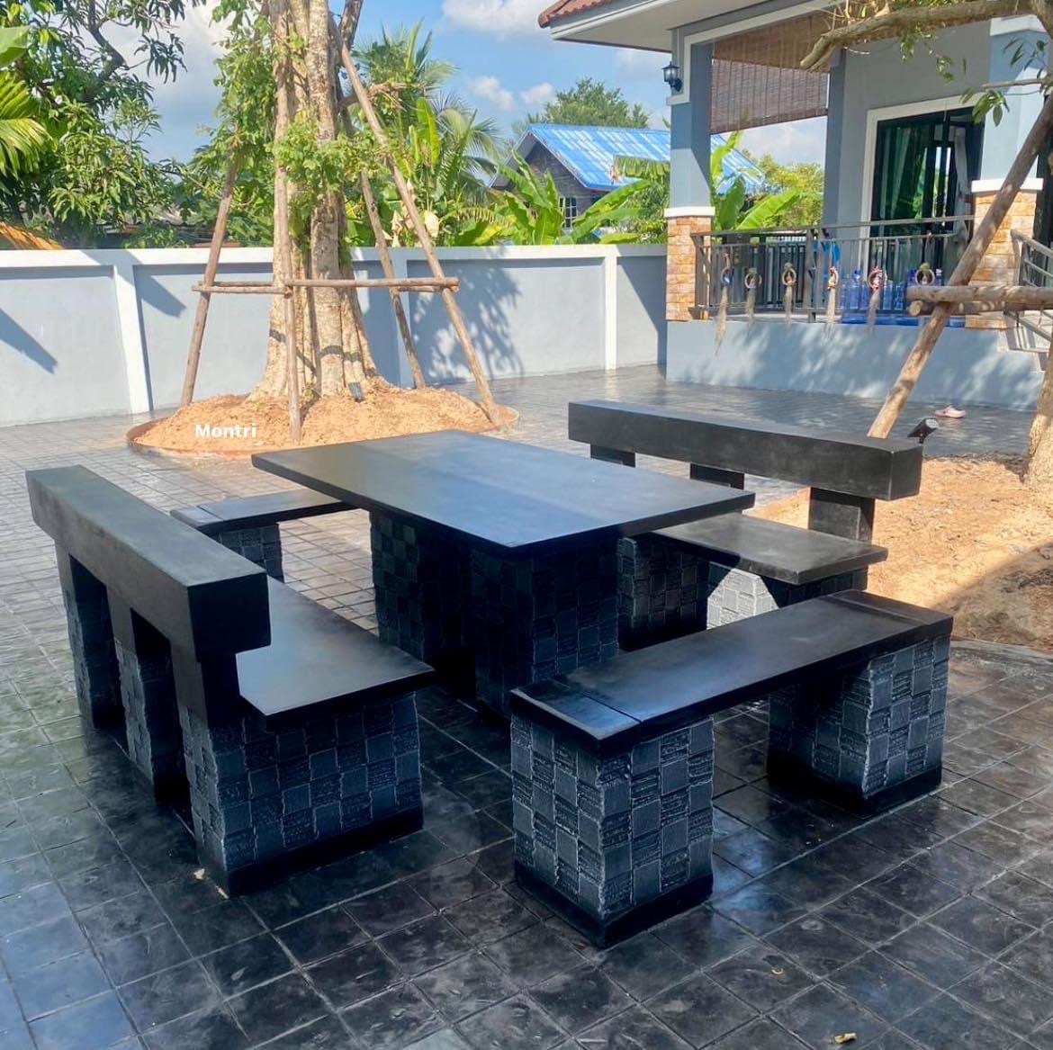 ชุดโต๊ะสนามกลางแจ้ง ยาว 150 cm. ทนแดด ทนฝน วัสดุปูนซีเมนต์แผ่นเสริมเหล็ก