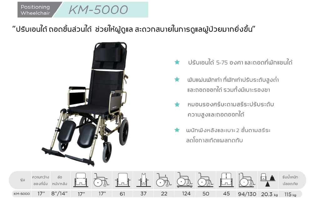 รถเข็นปรับเอนนอนได้ อลูมินัมอัลลอยด์คาร์ม่า รุ่น KM5000 (WheelChair KARMA KM-5000) ปรับเอนได้ ถอดชิ้นส่วนได้ ช่วยให้ผู้ดูแล สะดวกสบายในการดูแลผู้ป่วยมากยิ่งขึ้น