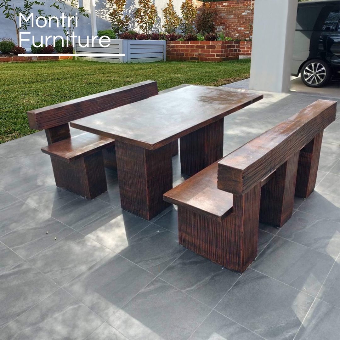 ชุดโต๊ะปูนสนามลายไม้ โต๊ะปูนลายไม้ เก้าอี้พนักพิง โต๊ะปุนสนามกลางแจ้ง รุ่น LA04 ลายไม้ ขนาด 150*80 cm.