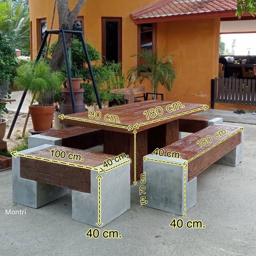 ชุดโต๊ะสนามไม้หมอน โต๊ะสนาม ชุดโต๊ะไม้หมอน โต๊ะสนาม ชุดโต๊ะสนามปูนลายไม้ ฝีมือคนไทย ขนาด 180*90 cm. งานแข็งแรงทนทานไม่เปราะบางอย่างแน่นอน