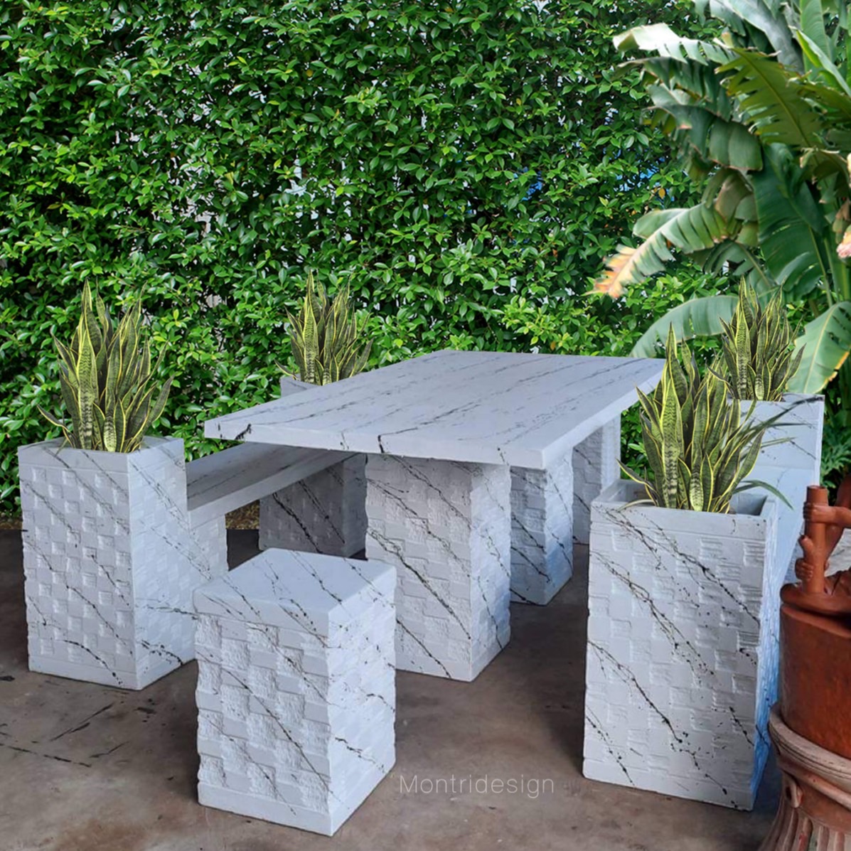 ชุดโต๊ะโมเดิร์น พร้อมเก้าอี้ ชุด 6 เก้าอี้ตัวยาวมีช่องไว้ปลูกต้นไม้เล็กๆ ได้ 2 ด้าน หรือไว้เป็นที่เขี่ยบุหรี่ดีไซน์เก๋ แปลกใหม่