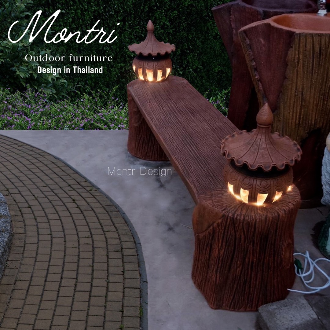 ม้านั่งสนาม มีโคมไฟสำเร็จรูปมาในตัว ทรงตรง โคมไฟสนาม เก้าอี้สนาม เก้าอี้กลางแจ้ง ม้านั่งปูนลายไม้