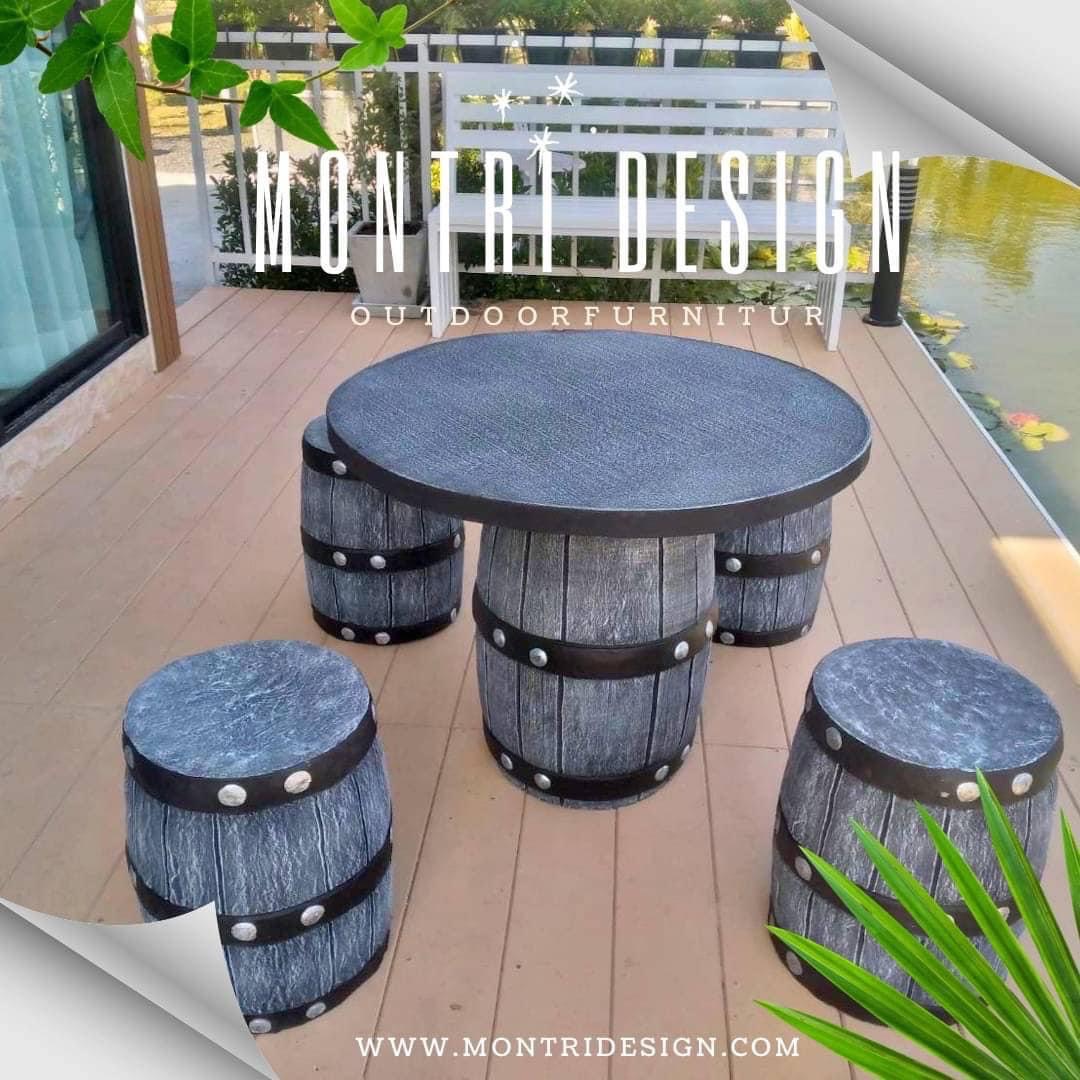 โต๊ะถังเบียร์ ชุดโต๊ะสนาม โต๊ะสนามปูนลายไม้ งาน DIY เฟอร์นิเจอร์สนามกลางแจ้ง ชุด 4 ที่นั่ง