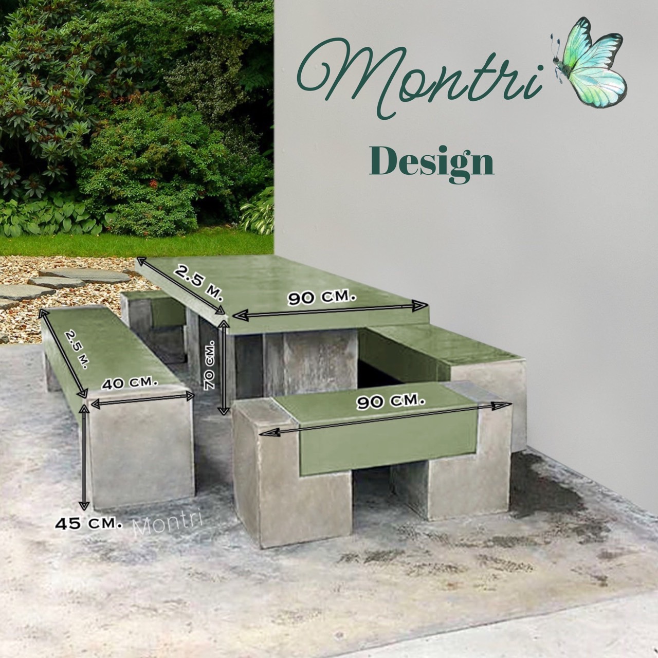 โต๊ะชุดซีเมนต์บล็อค ดีไซน์โมเดิร์น แข็งแรง ทนทาน เหมาะสำหรับทุกสภาพอากาศ ขนาด 2.5 เมตร คุ้มค่า ส่งตรงจากโรงงาน