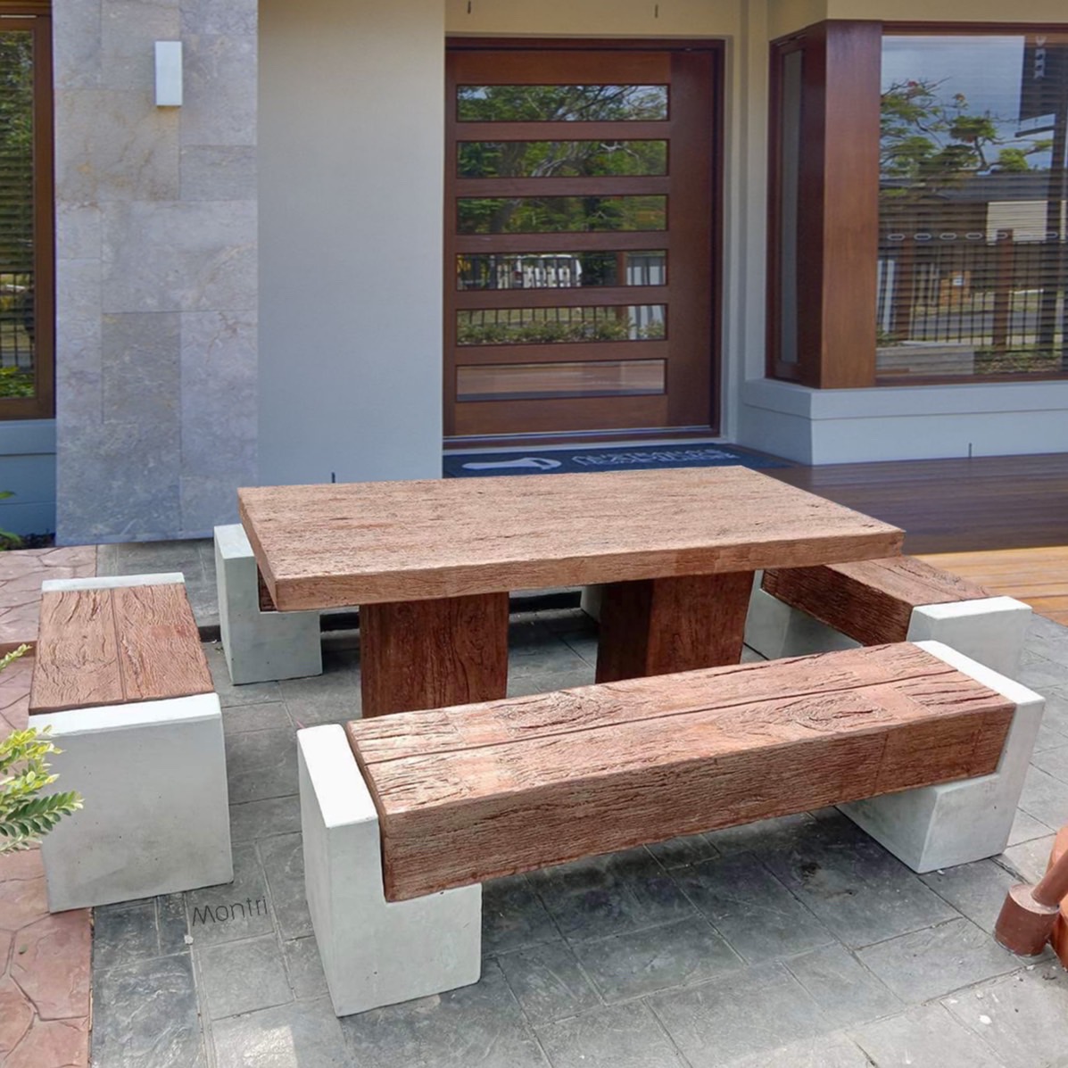 โต๊ะสนาม ชุดโต๊ะสนาม โต๊ะสนามไม้หมอน ชุดโต๊ะสนามปูนลายไม้ โต๊ะไม้หมอนโมเดิร์น รุ่น Luxury2023 ขนาด 180*90 cm.