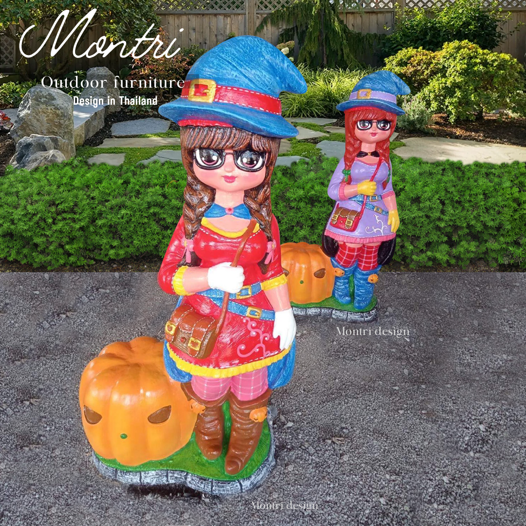 ตุ๊กตาแต่งสวนแฟนซี แม่มดน้อยฟักทองปูนปั้น ตุ๊กตาปูนปั้นประดับสวน ตุ๊กตาแต่งสวน ความสูง 140 cm.