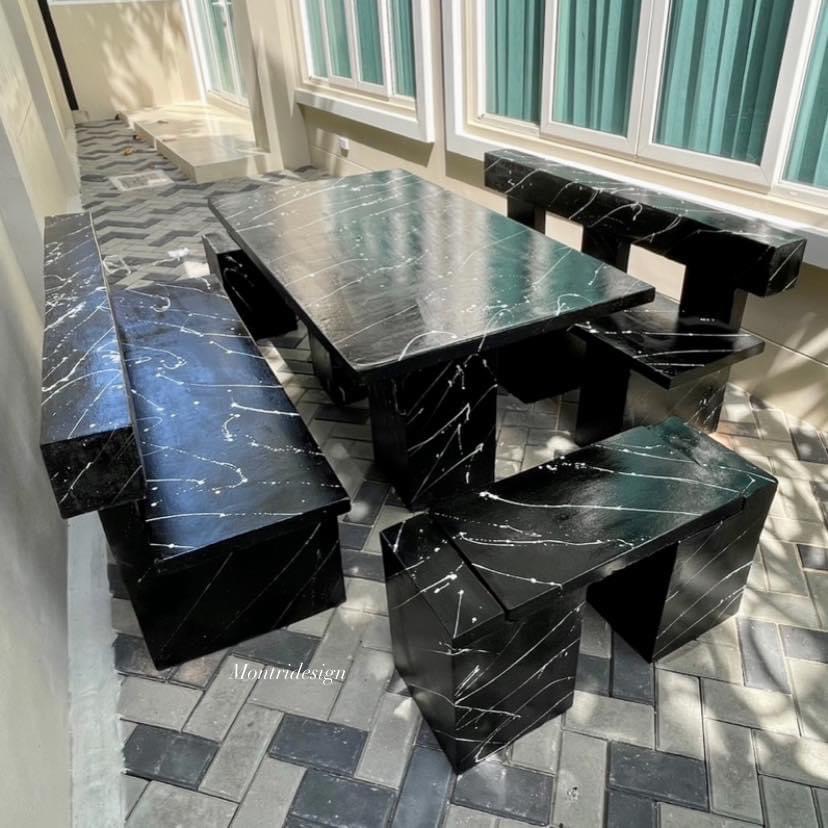 โต๊ะโมเดิร์นพนักพิง โต๊ะสนามปูนปั้น โต๊ะสนามโมเดิร์น ขนาด 150*80 cm. รุ่น FL 150*80 ดำสลัดขาว