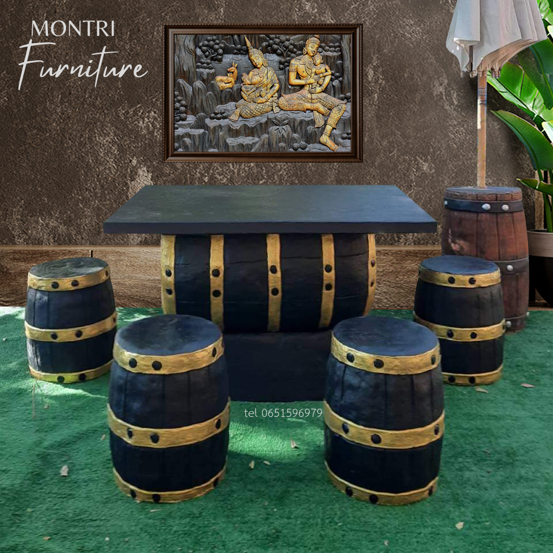 ชุดโต๊ะนามปูนลายไม้ ชุดโต๊ะถัง โต๊ะสนามปูนปั้น 6 ที่นั่ง สีดำคาดทอง