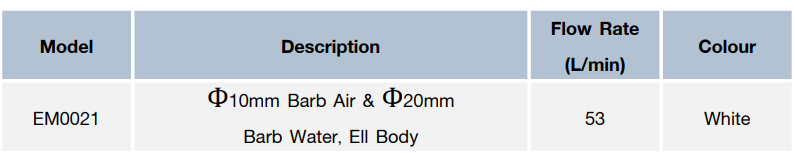 บอดี้เจ็ท Ф10mm Barb Air & Ф20mm Barb Water, Ell Body EM0021