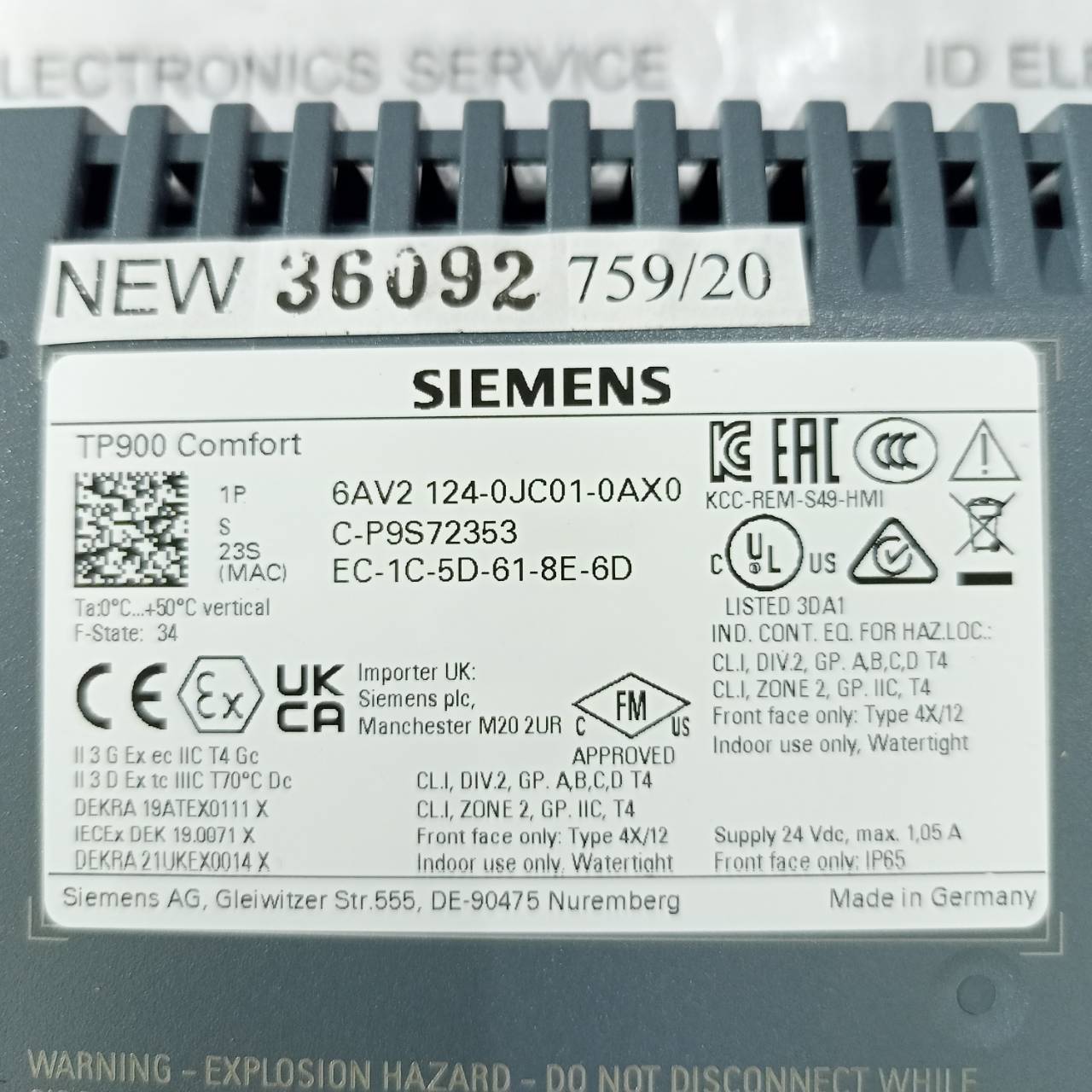 ขาย 6AV2 124-0JC01-0AX0 (TP900 COMFORT) HMI "SIEMENS"