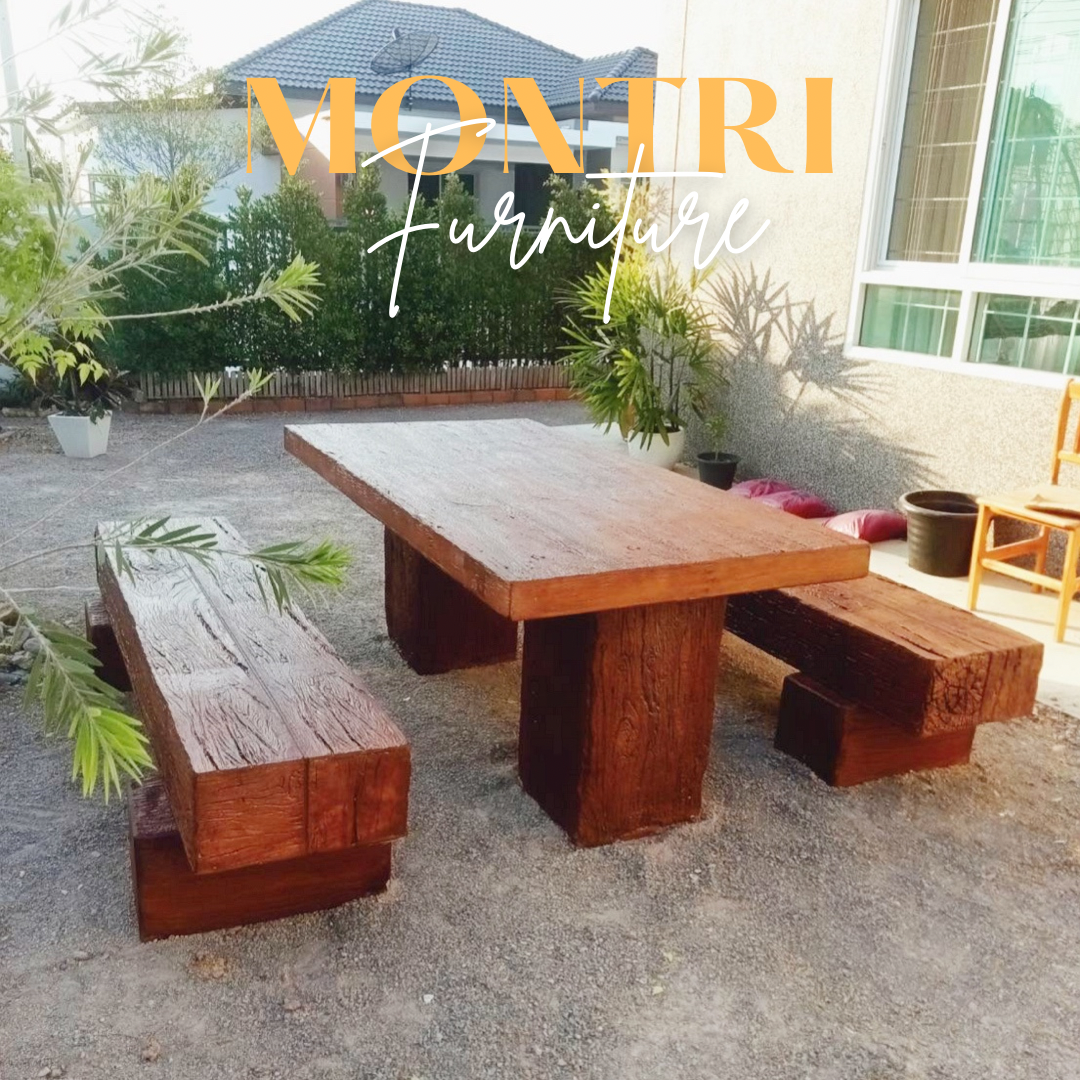 ชุดโต๊ะไม้หมอนรถไฟ ชุดโต๊ะปูนลายไม้ ขนาด 180*90 cm. รุ่น BigCat