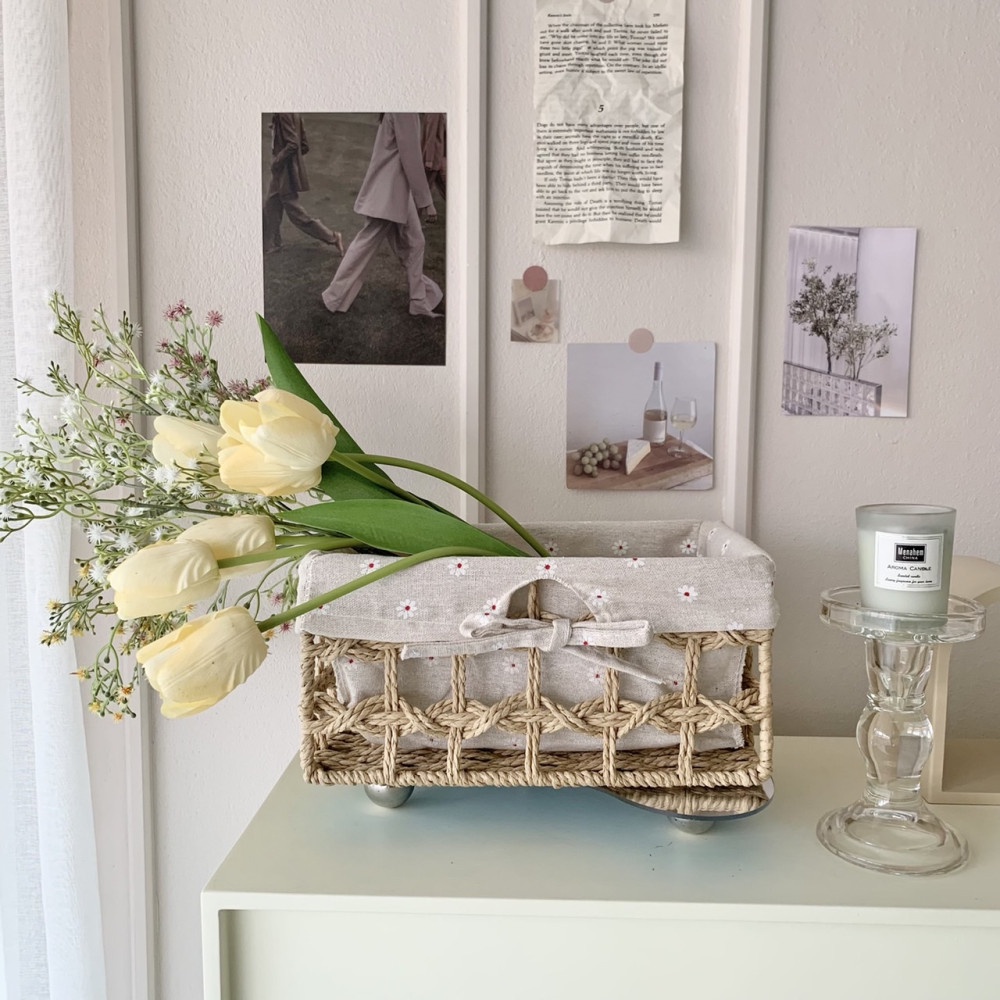 [พร้อมส่ง] Jnihouse : ตะกร้าสาน พร้อมผ้าลายลินินลายดอกไม้ (มีให้เลือก 3 ขนาด) กล่องใส่ของ ตะกร้าใส่ของ