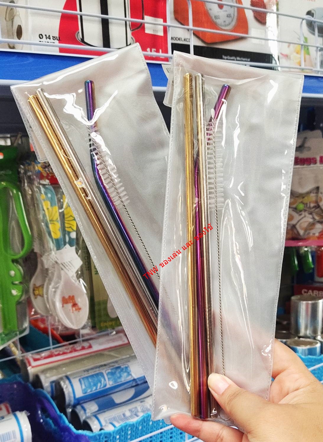 หลอดสีไทเท หลอดดูดน้ำสแตนเลส หลอดดูสีรุ้ง พร้อมฟรีแปรงล้าง