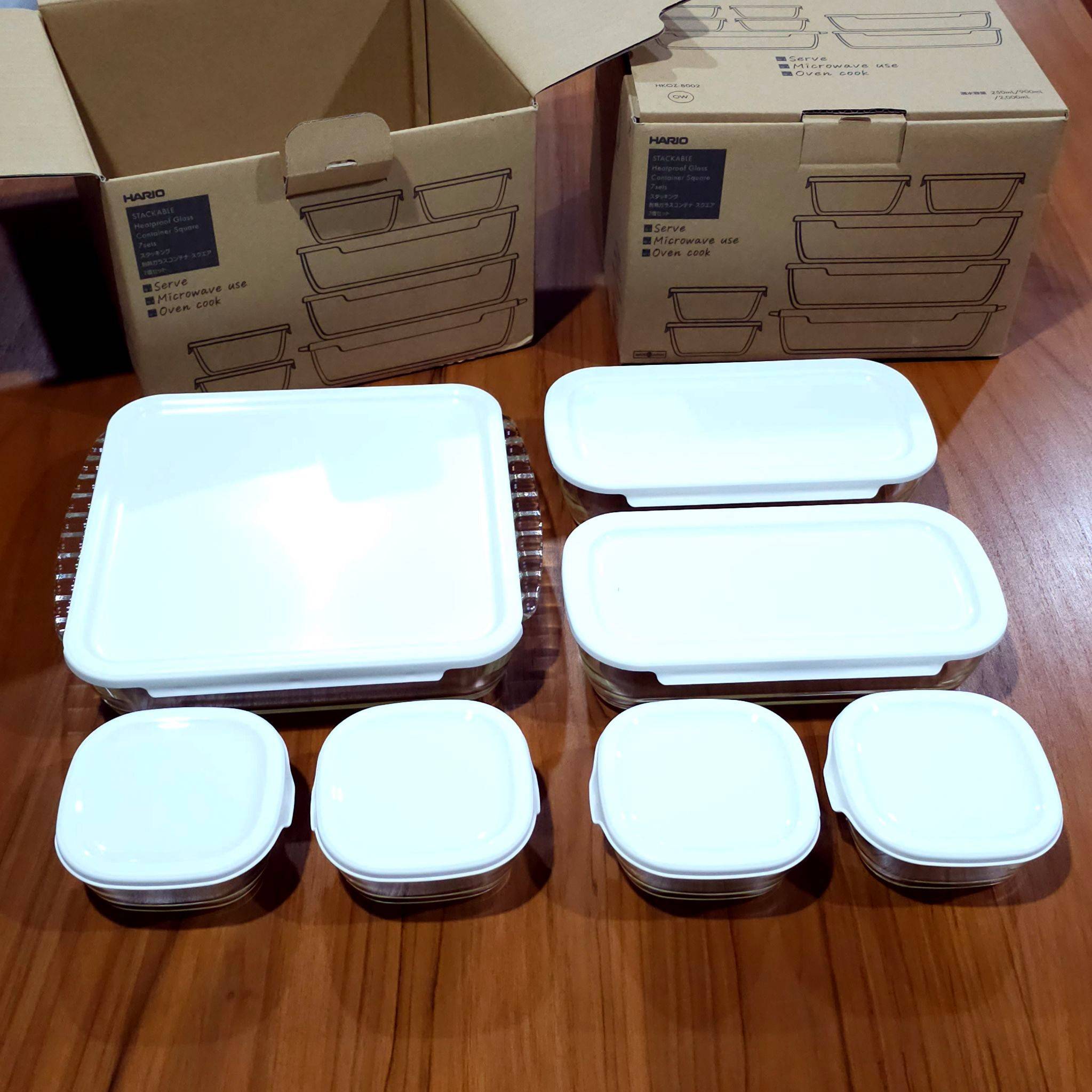 กล่องแก้วทนความร้อนสีมินิมอล 7 ใบ Hario Stacking Heat-Resistant Glass Container Square 7 Pieces