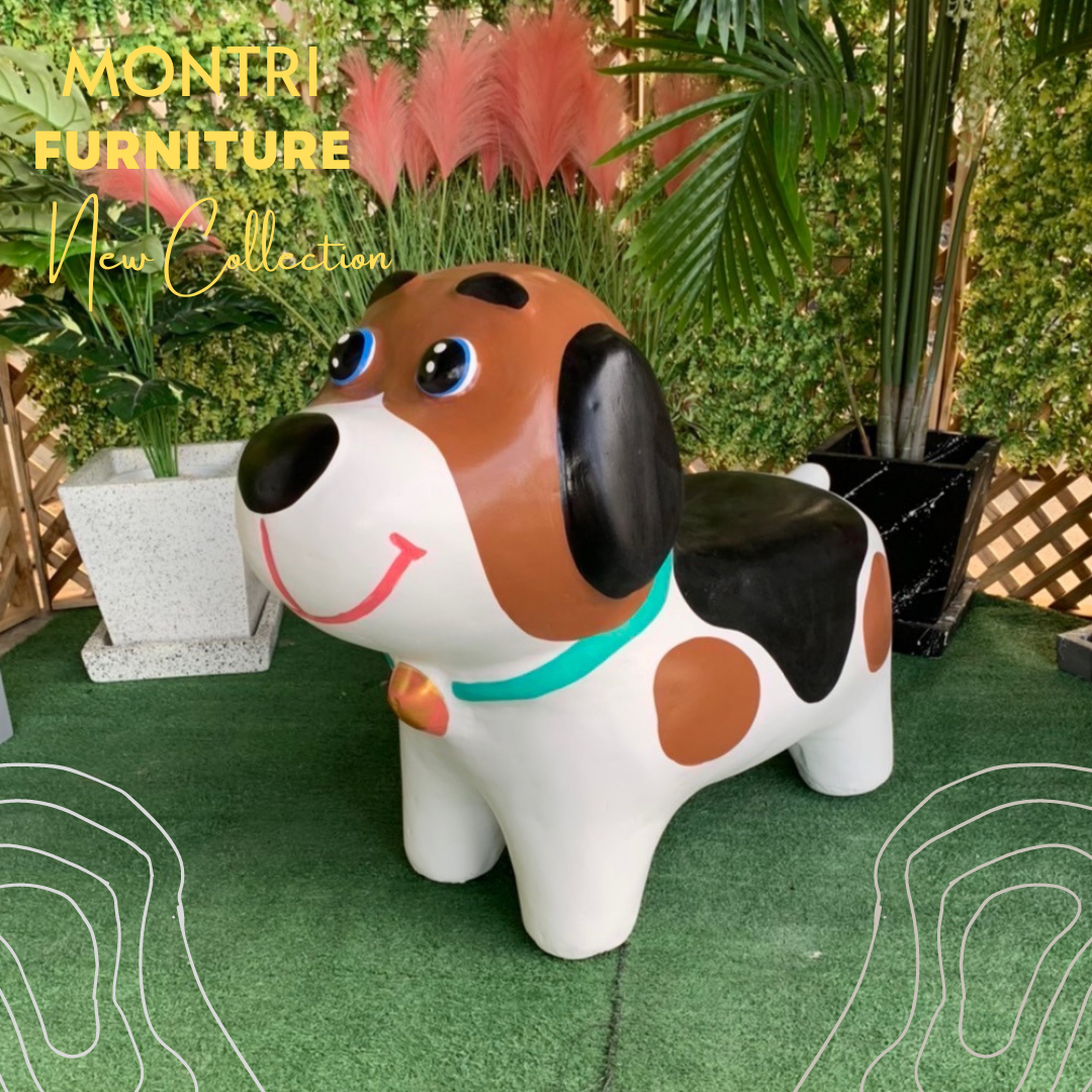 เก้าอี้ปูนรูปน้องหมา เก้าอี้รูปสุนัข ม้านั่งสนามในสวน ม้านั่งน้องหมา (ปลอกคอสีเขียวมิ้น)
