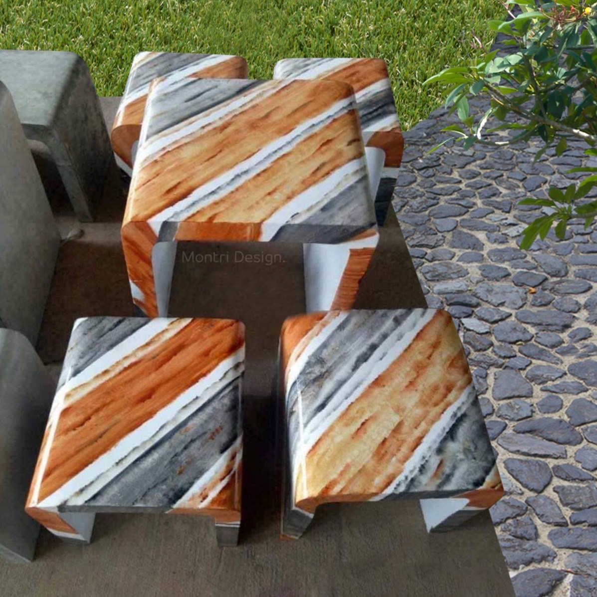 เก้าอี้ปูนซีเมนต์สไตล์ลอฟท์ รุ่น Loft mini สี ส้มเทาลายเฉียง โต๊ะปุนสไตล์ลอฟท์