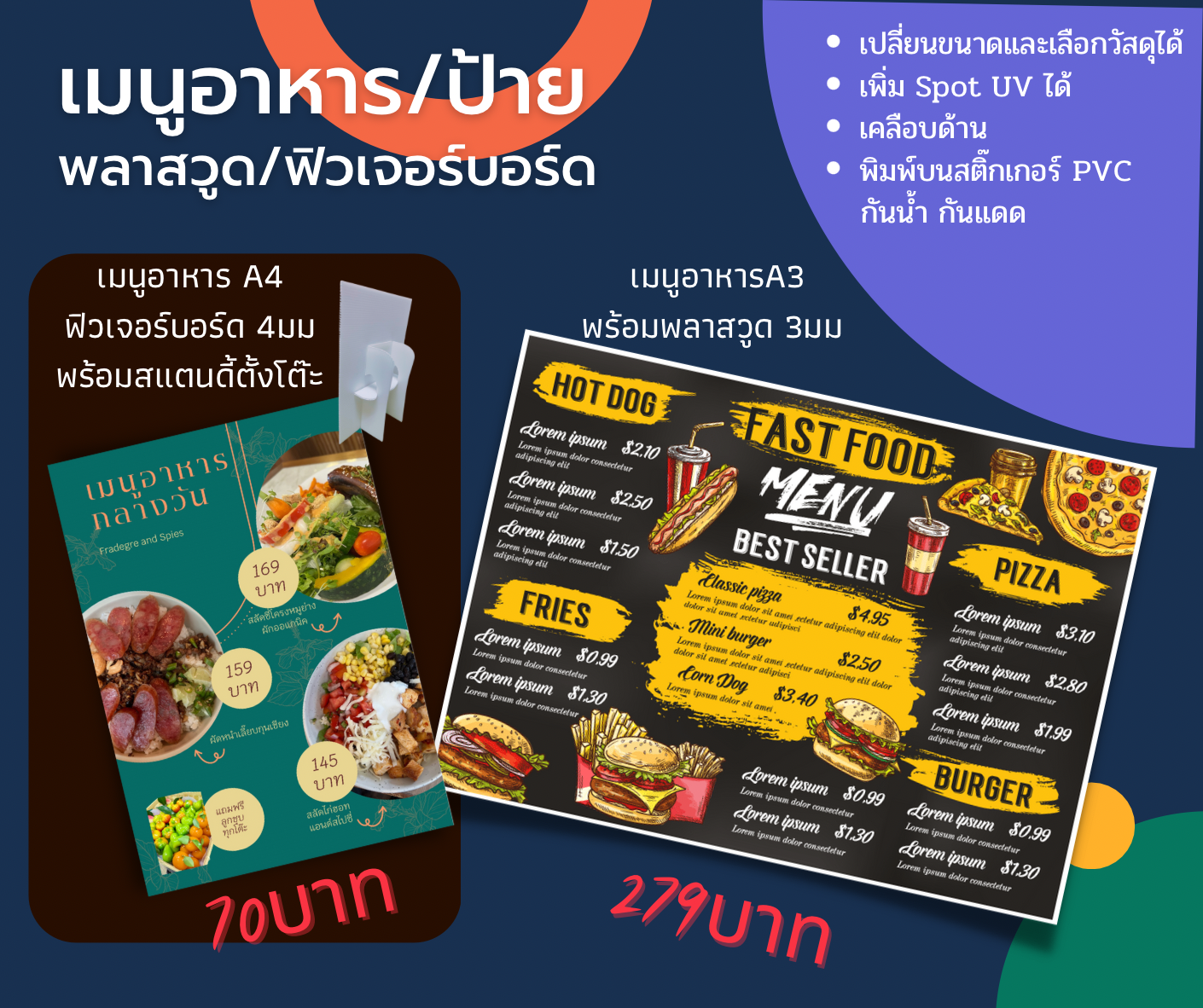 เมนุอาหารติดบนพลาสวูด