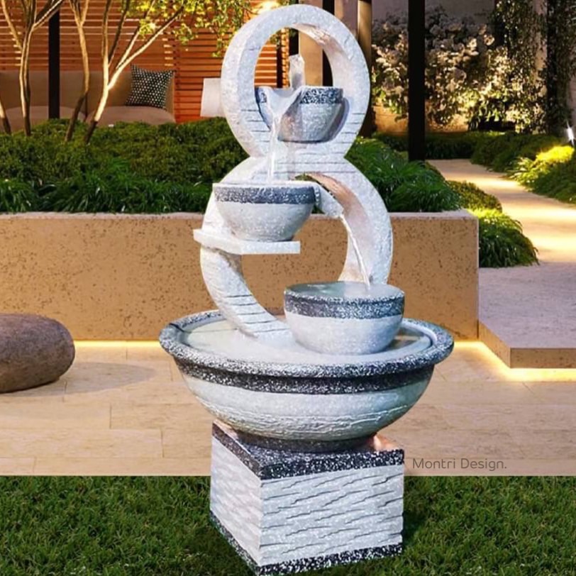 น้ำล้นโมเดิร์น เลข 8 มงคล น้ำพุแต่งสวน ฮวงจุ้ยน้ำพุ น้ำล้นเลข8 รุ่น 8 ขาว-เทา