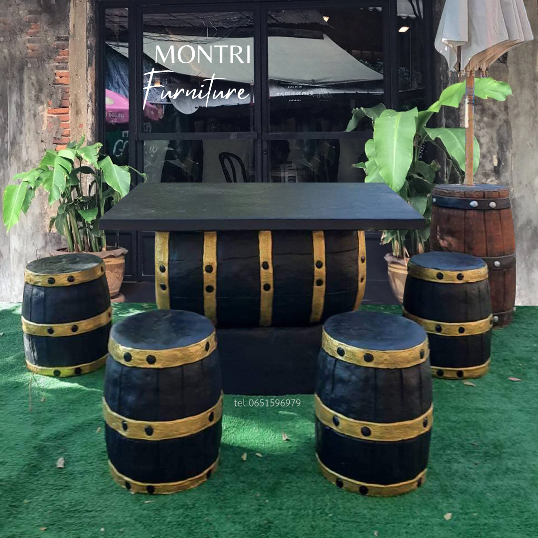 ชุดโต๊ะนามปูนลายไม้ ชุดโต๊ะถัง โต๊ะสนามปูนปั้น 6 ที่นั่ง สีดำคาดทอง