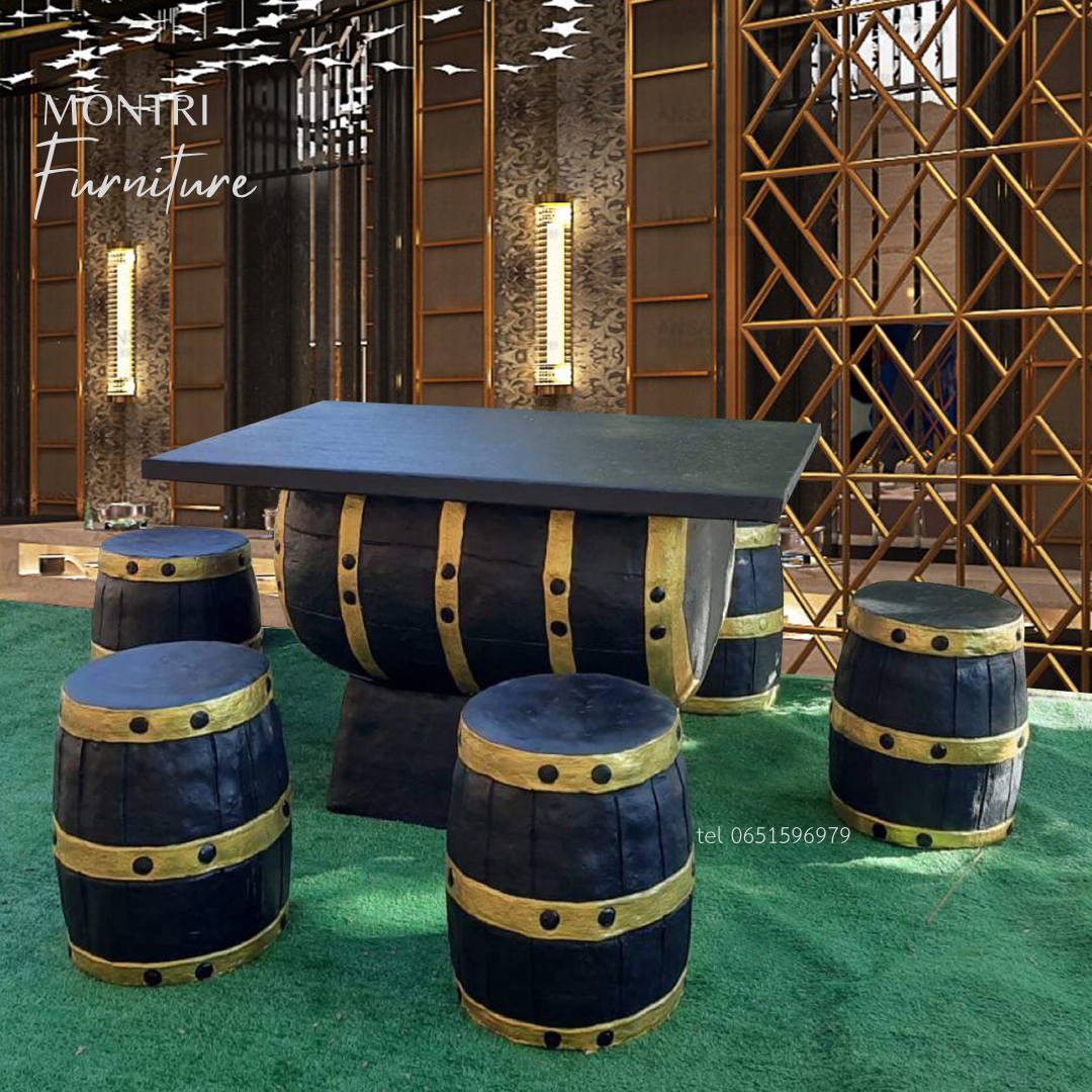 ชุดโต๊ะนามปูนลายไม้ ชุดโต๊ะถัง โต๊ะสนามปูนปั้น 6 ที่นั่ง สีดำคาดทอง