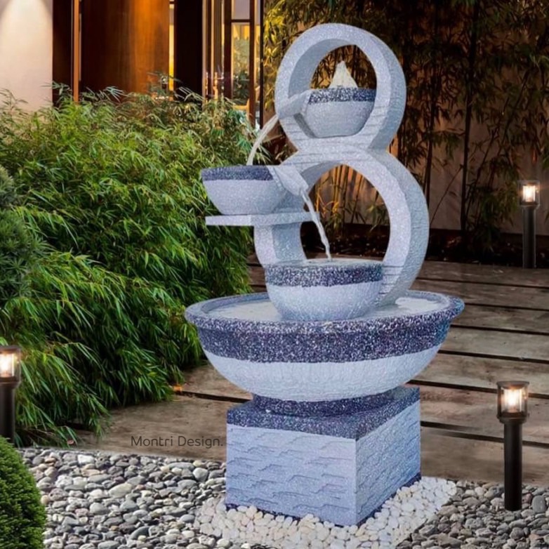 น้ำล้นโมเดิร์น เลข 8 มงคล น้ำพุแต่งสวน ฮวงจุ้ยน้ำพุ น้ำล้นเลข8 รุ่น 8 ขาว-เทา