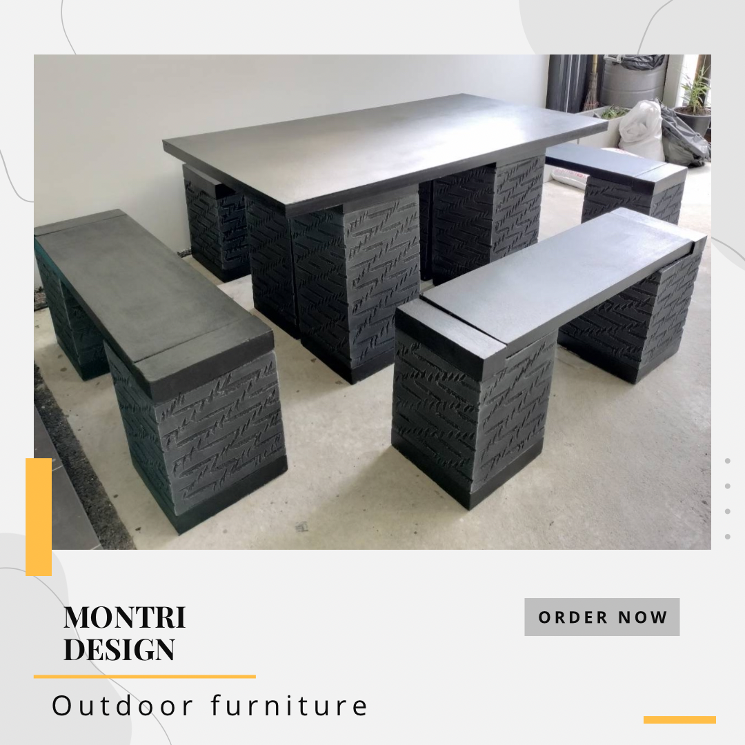 ชุดโต๊ะสนามปูนปั้น ชุด 8 ที่นั่ง พาดยาว (รุ่นพิเศษ) มีเสาโต๊ะ 4 เสา สีดำปัดเทาลาย รุ่น โมเดิร์น08 ดำปัดเทาขาสับเรียง