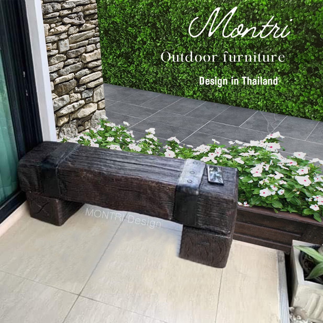 เก้าอี้ไม้หมอน เก้าอี้ปูนลายไม้ สีดำคาดดำ ขนาด 30X120x40 cm. เก้าอี้ปูนสนาม