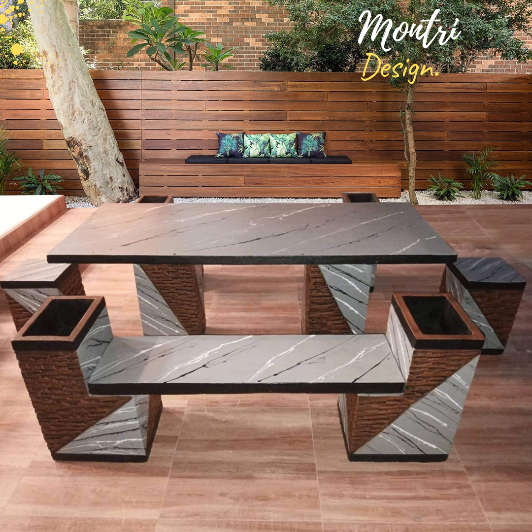 ชุดโต๊ะโมเดิร์น พร้อมเก้าอี้ ชุด 6 เก้าอี้ตัวยาวมีช่องไว้ปลูกต้นไม้เล็กๆ ได้ 2 ด้าน หรือไว้เป็นที่เขี่ยบุหรี่ดีไซน์เก๋ แปลกใหม่