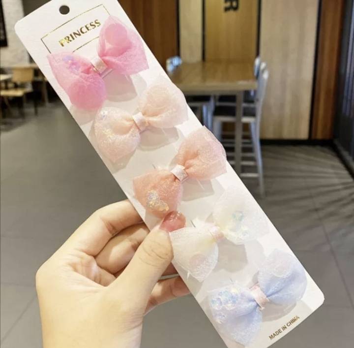 💗มาหยากิ๊ฟช้อป💗 กิ๊บติดผมโบว์นางฟ้า เจ้าหญิง น่ารักๆ สำหรับเด็กผู้หญิง สีสดใส 1 แพ็ค มี 5 ชิ้น