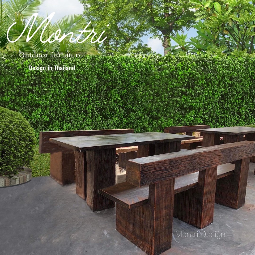 ชุดโต๊ะปูนลายไม้แบบพนักพิง ชุดโต๊ะสนาม รุ่น Montri2022 โต๊ะปูนสนาม เก้าอี้พนักพิง