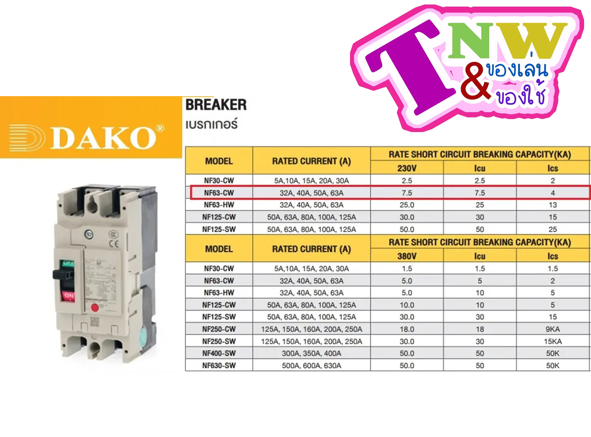 Dako สวิทช์ตัดตอนอัตโนมัติ BREAKER รุ่น NF63-CW 2P 63A 1Phase NF63 Series MCCB Molded Case Circuit Breakers เบรกเกอร์ตัดไฟเกิน 50/60Hz
