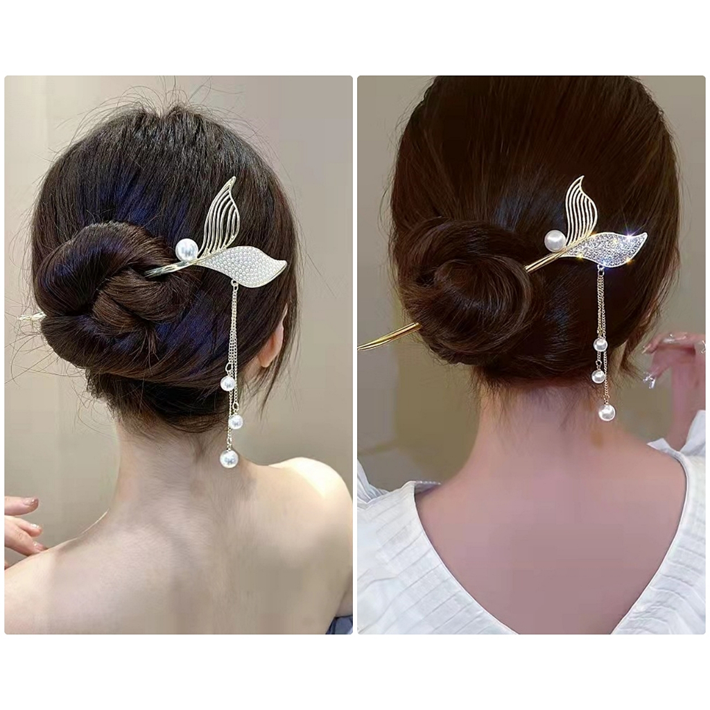 ปิ่นปักผม โครงโลหะ สีทอง ลายหางปลา ห้อยสายโซ่มุก