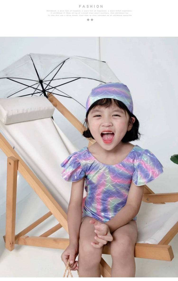 ชุดว่ายน้ำเด็กหญิง เมอร์เมด สีสันสดใส ชุดว่ายน้ำพร้อมหมวก และที่คาดผม สุดคุ้ม