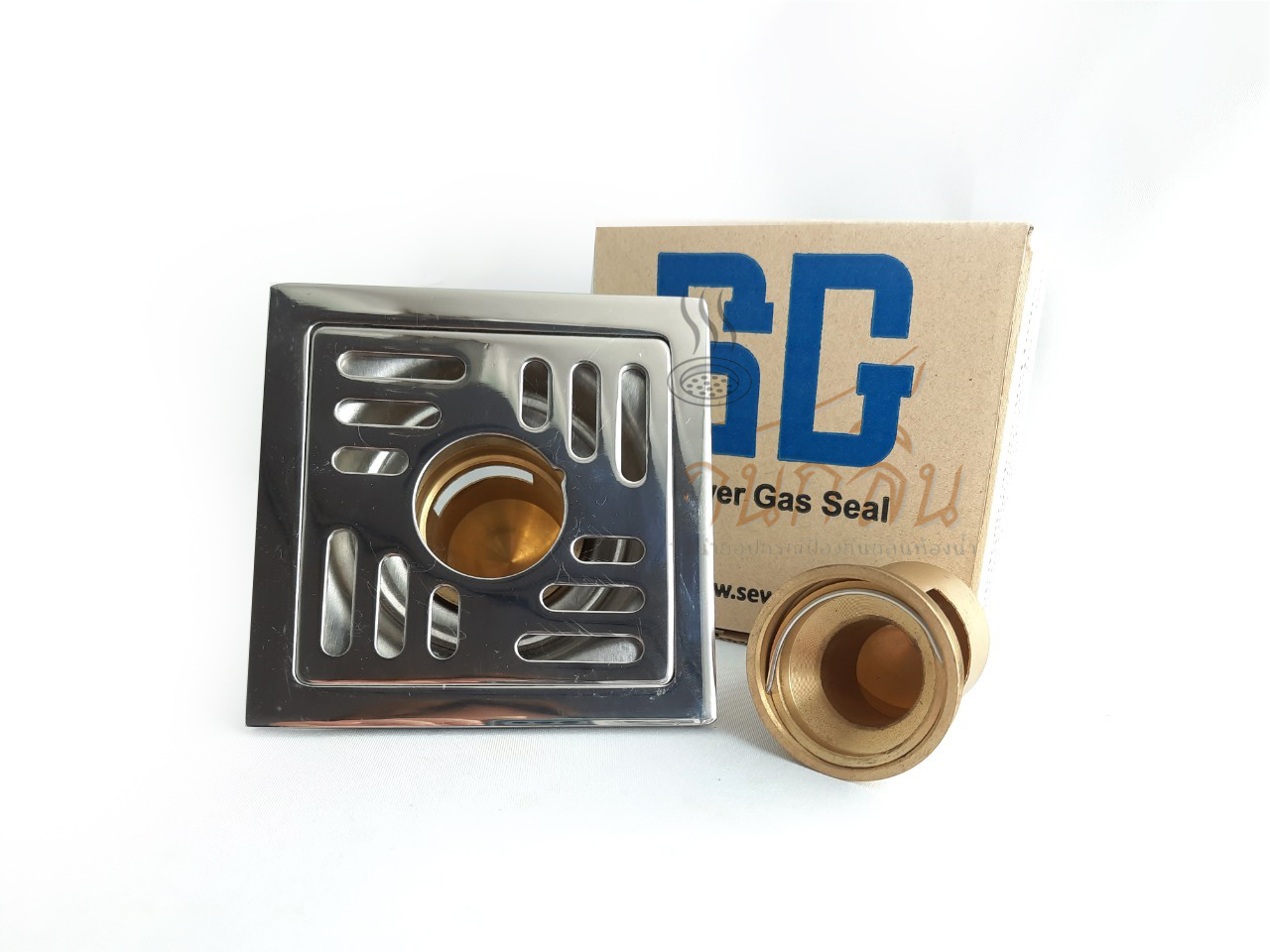 ตะแกรงกันกลิ่นสแตนเลสเกรด 304 หน้าเหลี่ยมรูกลาง พร้อมไส้กันกลิ่นทองเหลือง